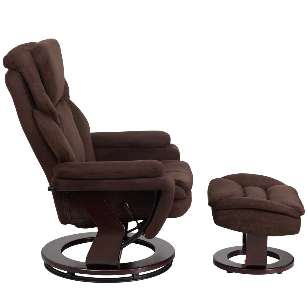 Emma + Oliver Multi-Position Recliner & Ottoman with Swivel Wood Base in Brown Microfiber