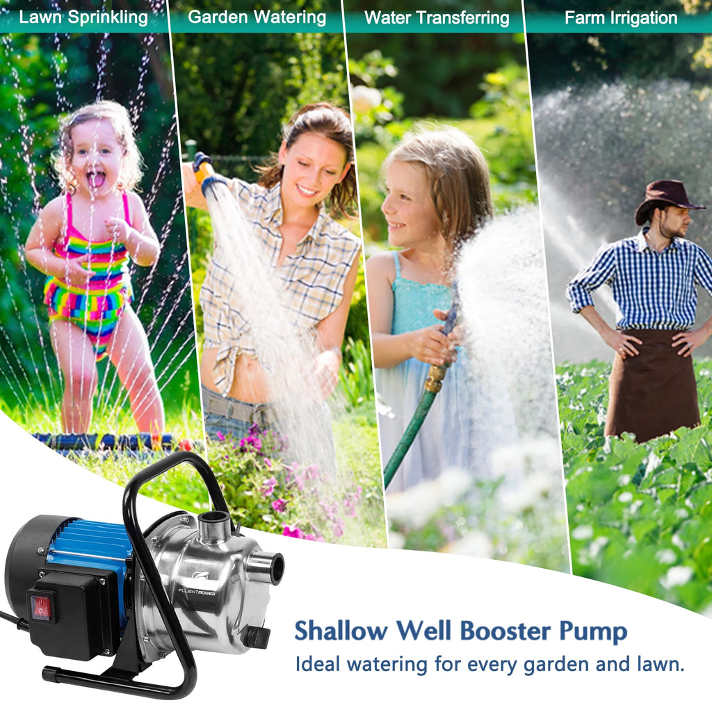 FLUENTPOWER 1HP Portable Stainless Steel Sprinkler Booster Pump, Electric Shallow Well Pressure Pump for Home Garden Lawn Irrigation and Water Transfer, with 1" NPT Female Thread