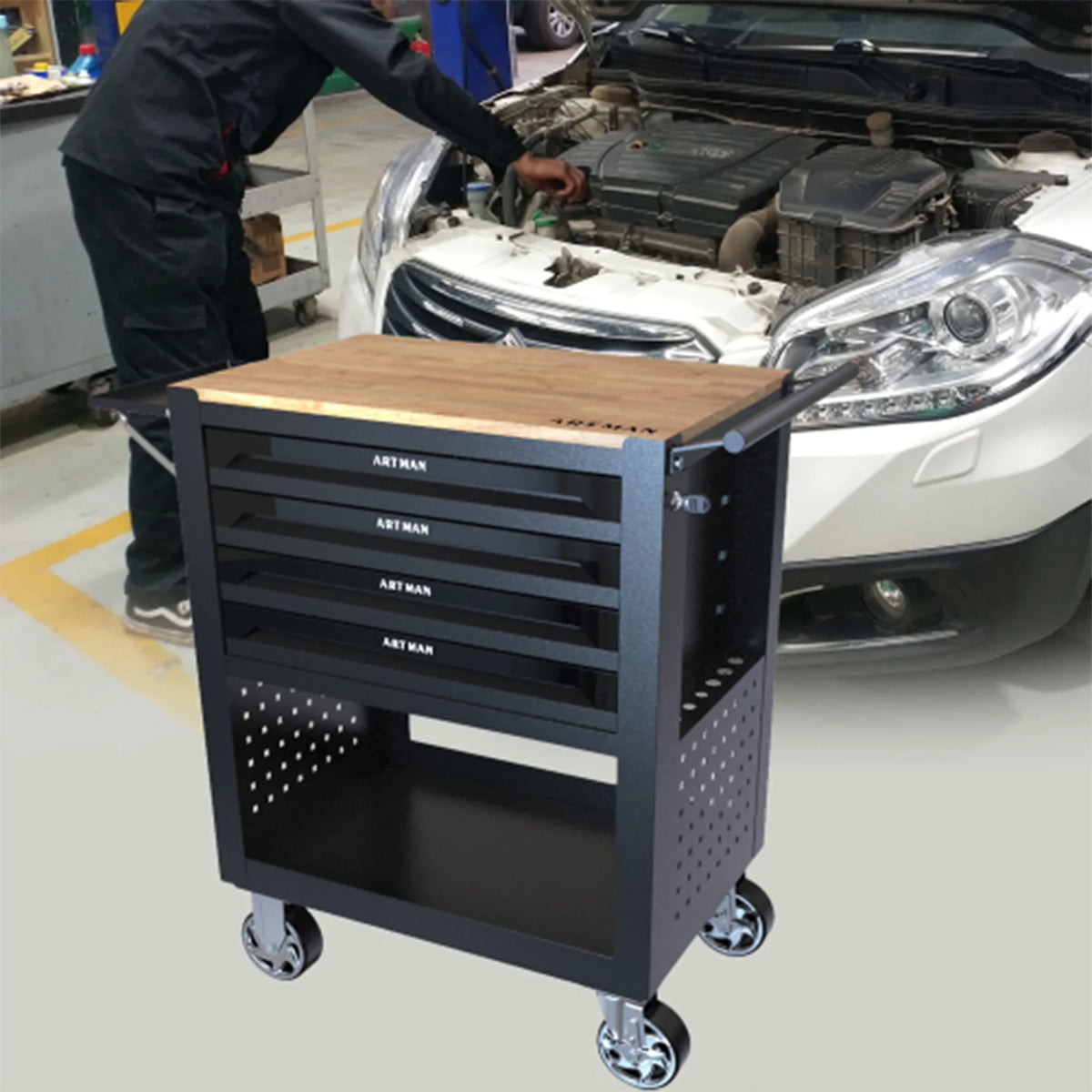 ARTMAN 4-Drawer Tool Cart with Wheels and Drawers ,Wood Top Tool Box Cart for Workshop Warehouse Garage