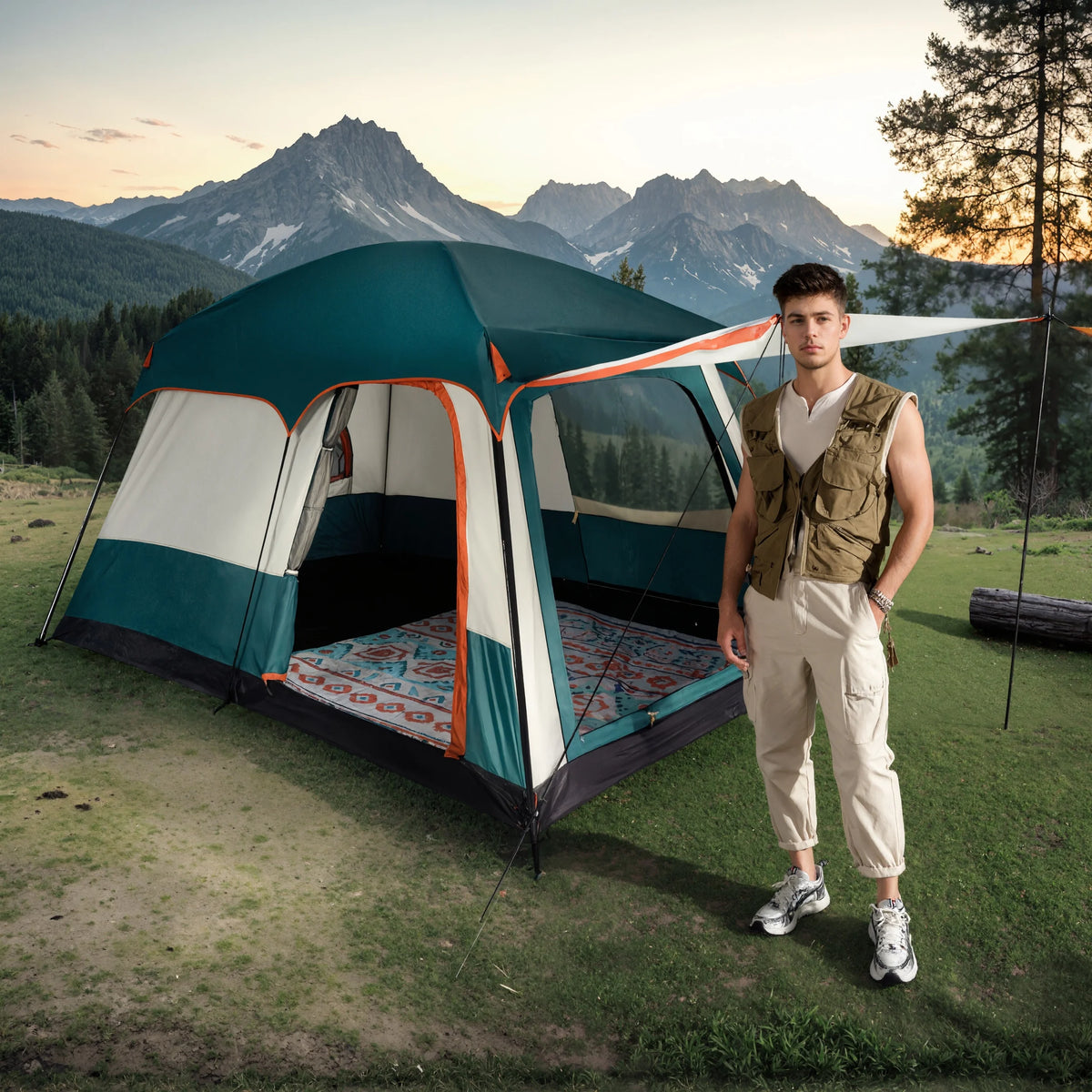 Mapskey 4 Person Tent for Camping , Family Cabin with Mesh Door Ventilation Windows for Beach Hiking Backpacking