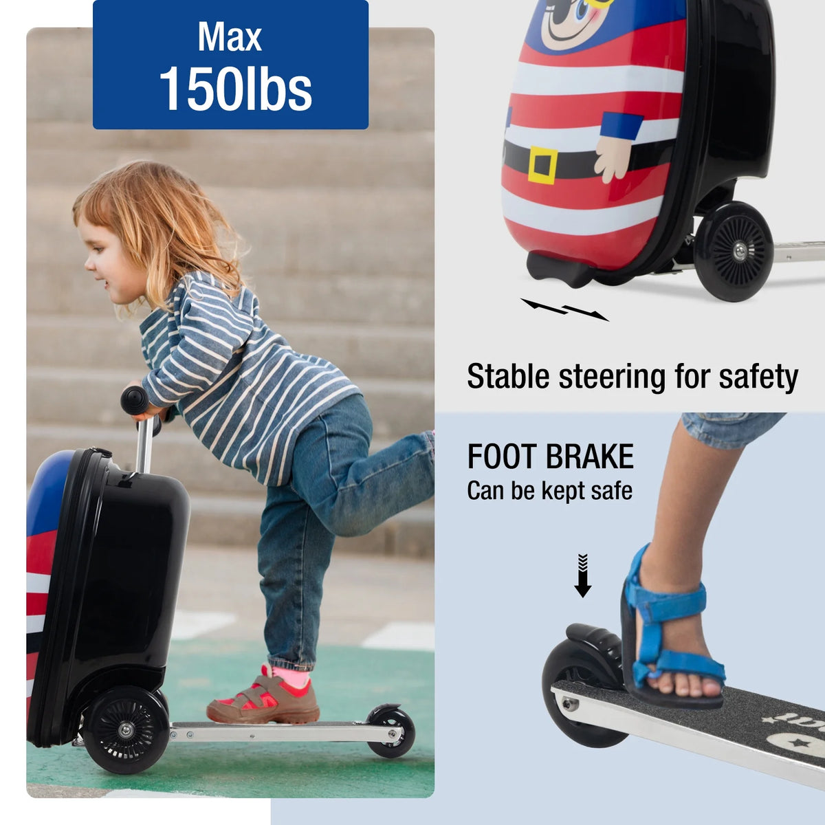 Kids Luggage Scooter, 3-Level Height Adjustable, Pirate Theme  Foldable Carry-On Suitcase, Lightweight Ride-On Scooter