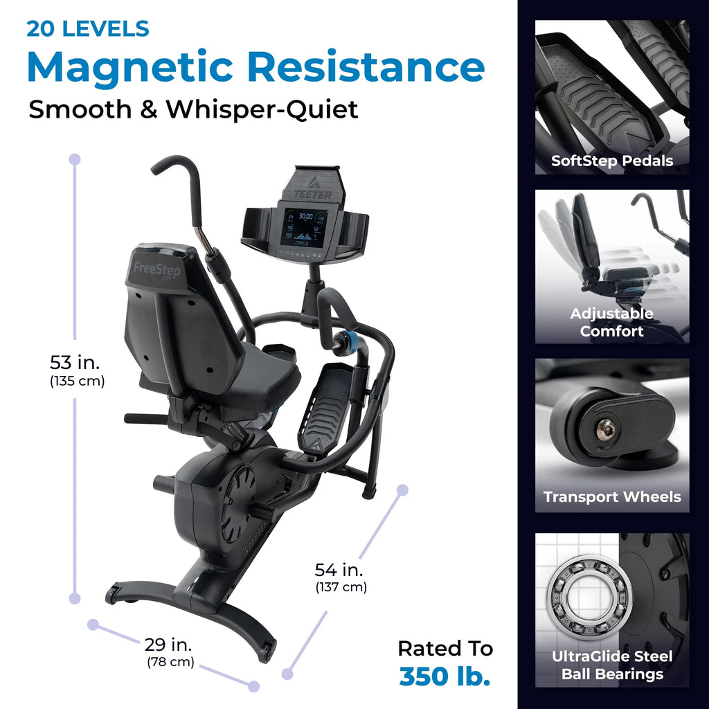 FreeStep LT7 Recumbent Cross Trainer Stepper - Zero-Impact Exercise w/Patented Physical Therapy Stride Technology; LCD Console w/21 Programs, Bluetooth HRM Compatible; Free App w/Trainer-Led Workouts
