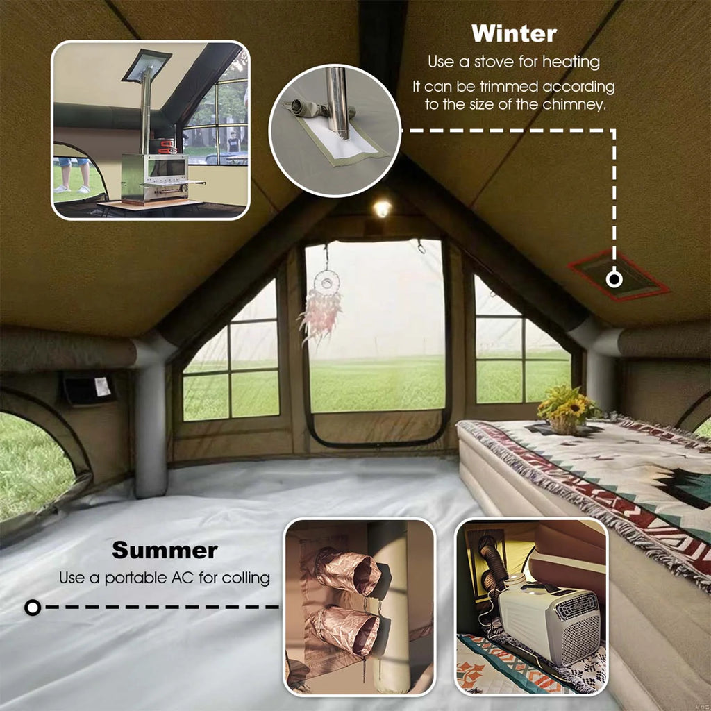 9.8' x 7' Inflatable Camping Tent,4 Season Blow up Tents for Camping, 4-6 Person Inflatable Tent with Stove Jack,Air Tents,Glamping Tent,Waterproof Luxury House with Mesh Window