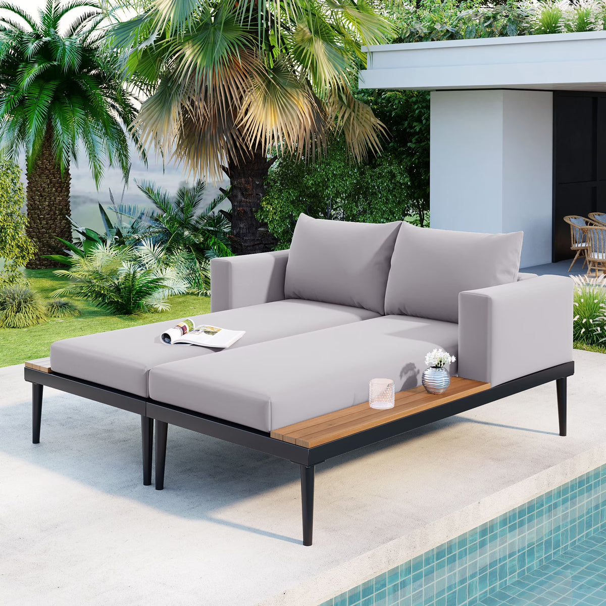 Harper & Bright Designs Patio Outdoor Metal Daybed for 2, All Weather Outdoor Chaise Lounges Reclining Chairs with Wood Topped Side Spaces for Drinks for Poolside Balcony Deck, Gray