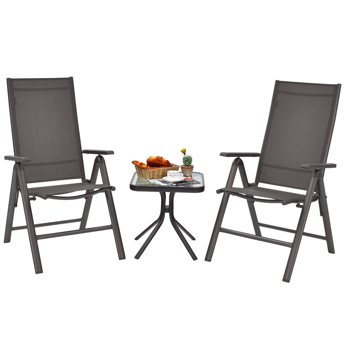 Costway 3PCS Bistro Set Folding Adjustable Chairs Square Glass Table Garden
