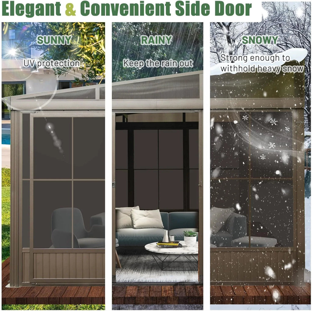 Domi Outdoor Living 10' x 12' Hardtop Lean-to Gazebo, Wall-Mounted with Galvanized Steel Roof Wall Pergola with Aluminum Frame, Curtains and Netting, for Patio, Deck, Garden, Backyard