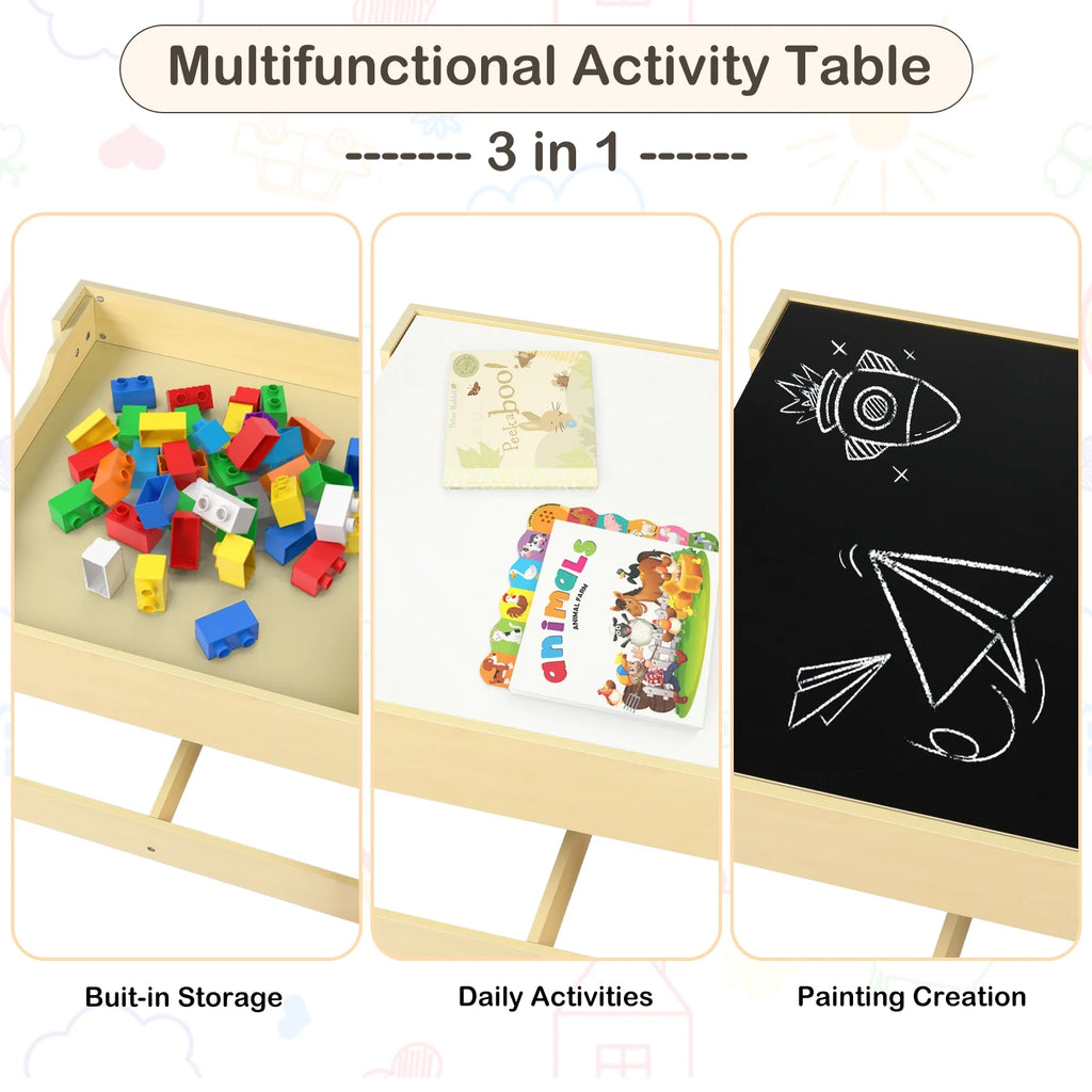 LINLUX Kids Table and 2 Chairs Set, Children Activity Table Chairs with Chalkboard/Whiteboard, Grey