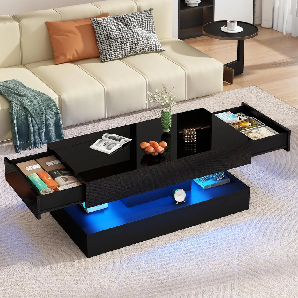 ChVans Large Black LED Coffee Table with 2 Storage Drawers, Modern High Gloss Coffee Table w/20 Colors LED Lights/APP Control, 2 Tiers Rectangle Large Living Room Furniture w/Marbling Print(47.3")