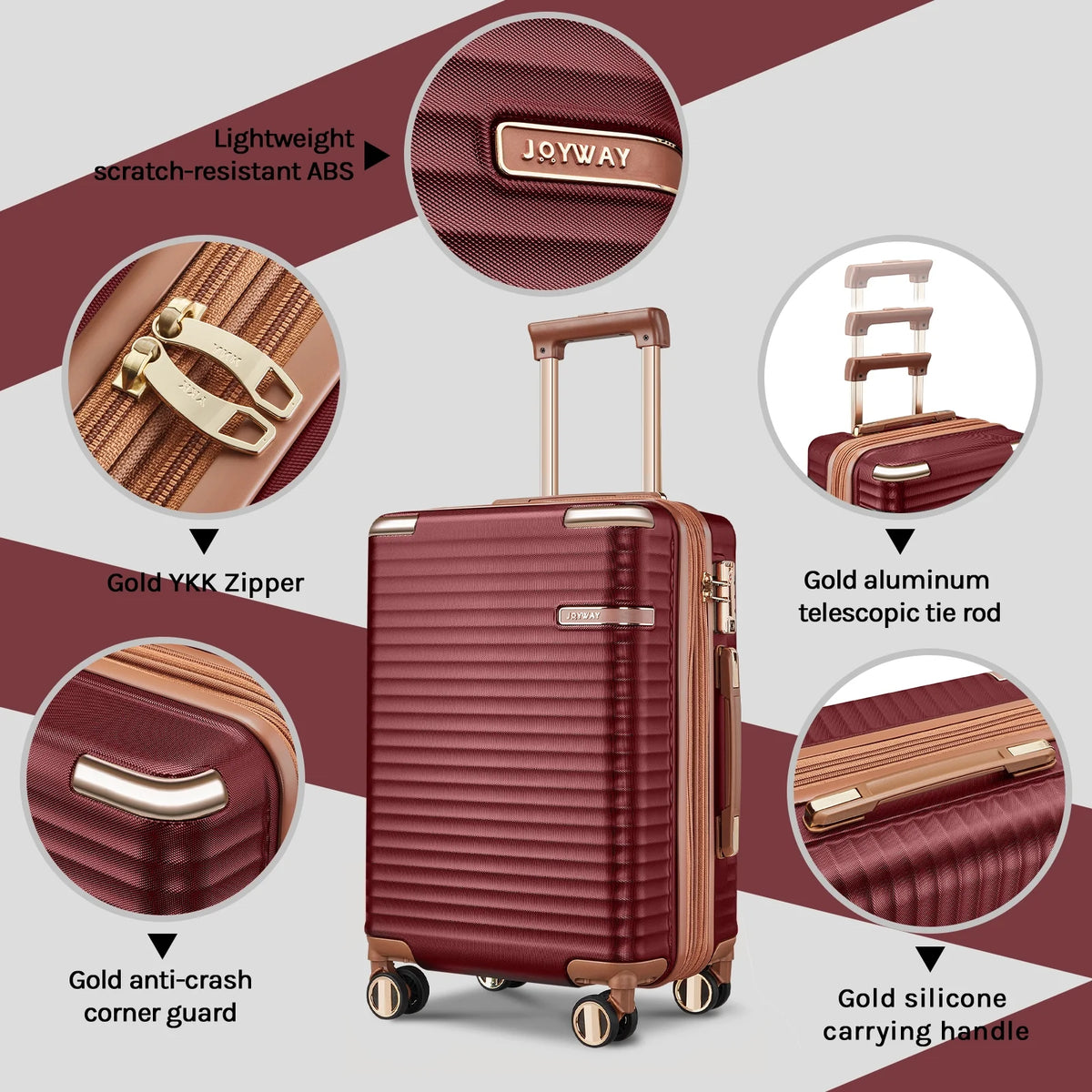 Joyway 3-Piece Carry-On Luggage Set with Swivel TSA Lock and Leather Carry Bag
