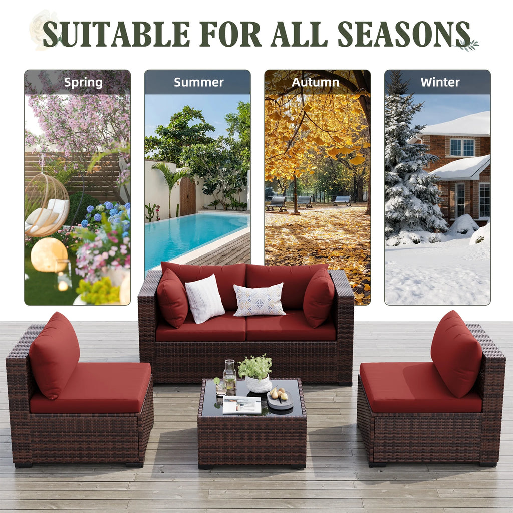 MRUAKA 8 Pieces Patio Furniture Set with Fire Pit Table, Outdoor Furniture Sectional Rattan Sofa with Slanted Back, Patio Couch with Glass Coffee Table for Backyard Garden (Dark Grey)