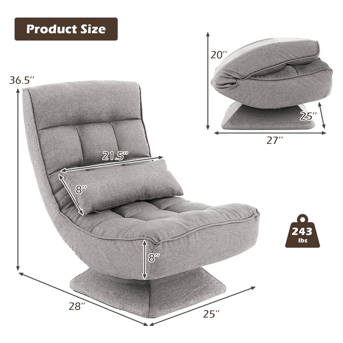Costway 360 Swivel Floor Chair 5-Level Adjustable Lazy Chair w/ Massage Pillow Black