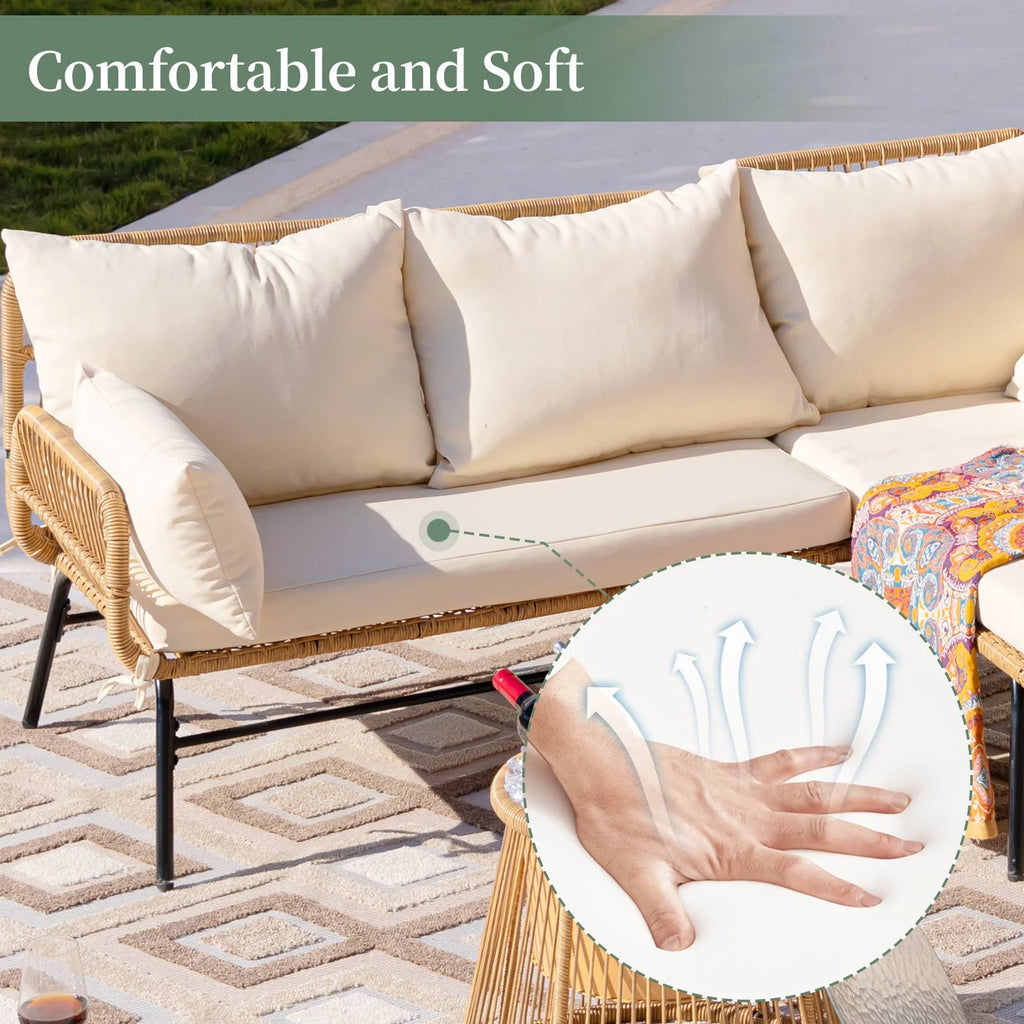 RADIATA 6-Piece Boho Patio Furniture Set, Outdoor Wicker Sectional Sofa Conversation Set with Ice Bucket & Coffee Table, 500lbs Capacity, Beige