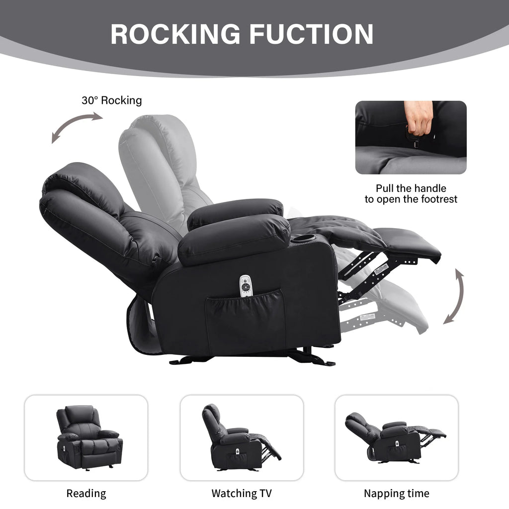 JONPONY Manual Recliner Chair with Heat Therapy and Massage Function, Heavy Duty Reclining Mechanism Massage Chair, Elderly Single Rocker Sofa with Cup Holders for Bedroom Home Theater,Black