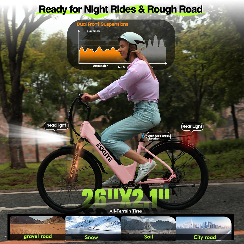 ESKUTE Pkin Electric Bike for Adults - Peak 1500W Brushless Motor, 19MPH, 500W Motor 48V14Ah Removable Battery, 26" Step-Thru Cityrun Ebike, 7-Speed, Up 70 Miles, Commuter E-Bike, with NFC Unlock