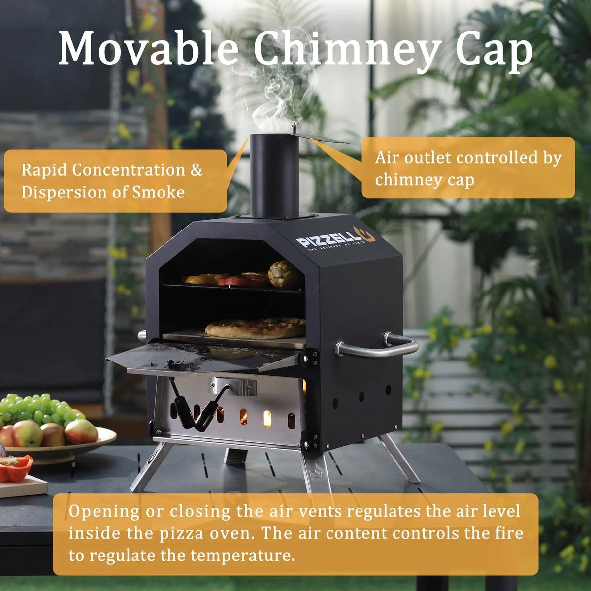 Pizzello Outdoor Pizza Oven Wood Burning for Cooking 2 Pizzas Outside Pizza Maker with Pizza Stone, Pizza Peel, Cover - Black + Silver