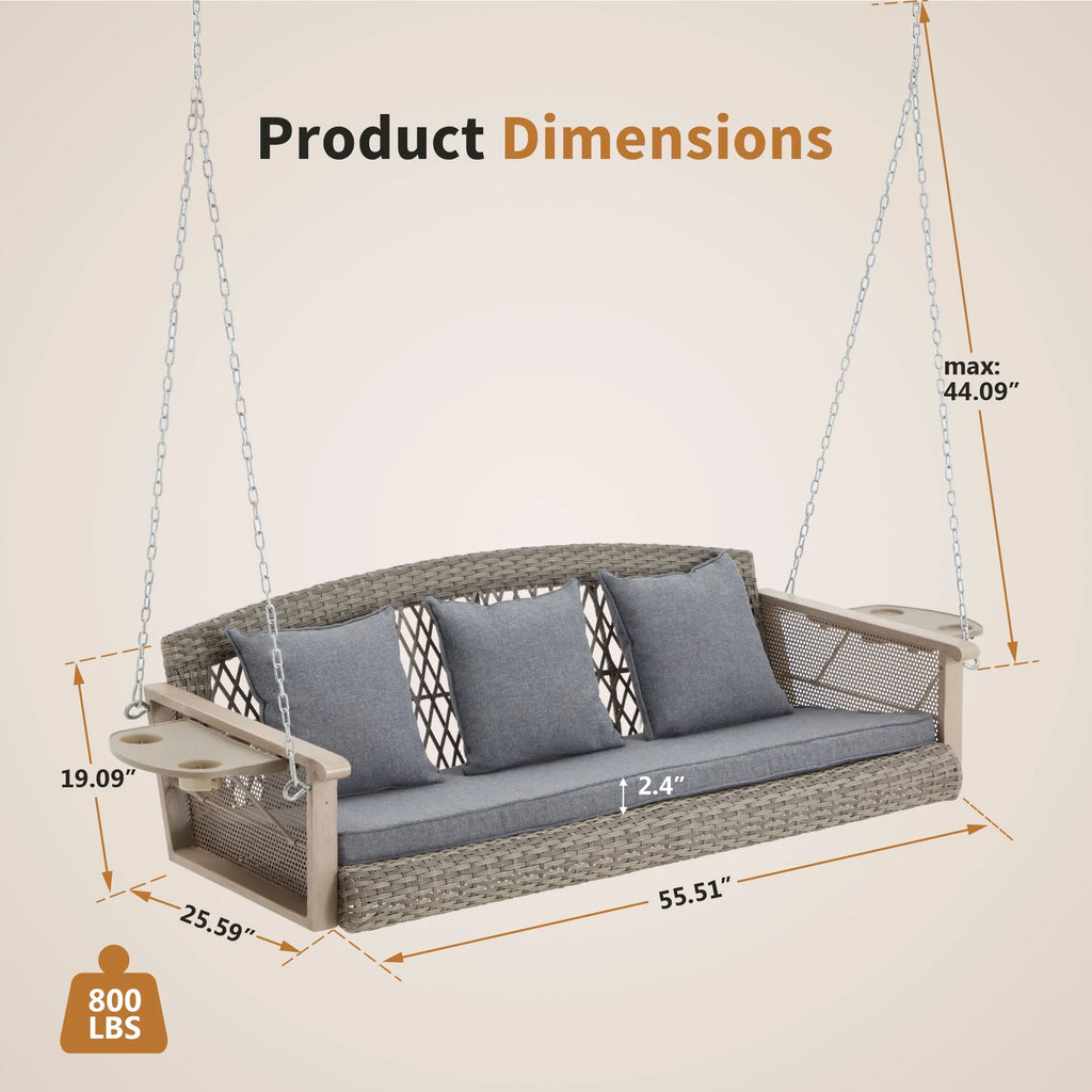 Homrest 3-Person Porch Swing 55in Wicker Hanging Swing Bench with Cushions and Cupholders for Deck, Garden and Backyard, Beige