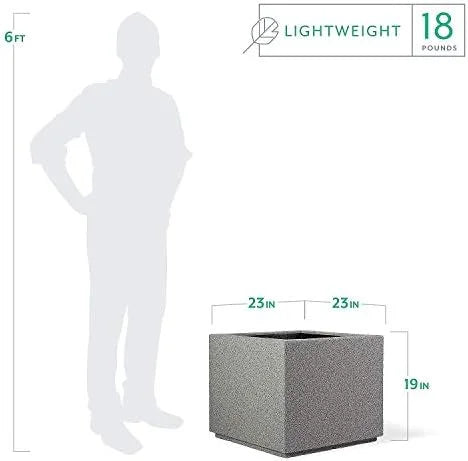 PolyStone Monterray Modern Outdoor/Indoor Square Planter, 23" L x 23" W x 19" H, Lightweight, Heavy Duty, Weather Resistant, Polymer Finish, Commercial Grade and Residential (Concrete Gray)