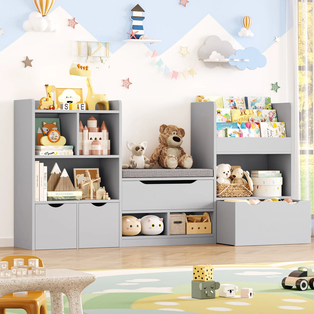 Hiphuta 72"Wide Kids Bookcase with Reading Nook and Under Bench Storage, Wooden Toy Storage Organizer & Book Rack for Kids Room, White