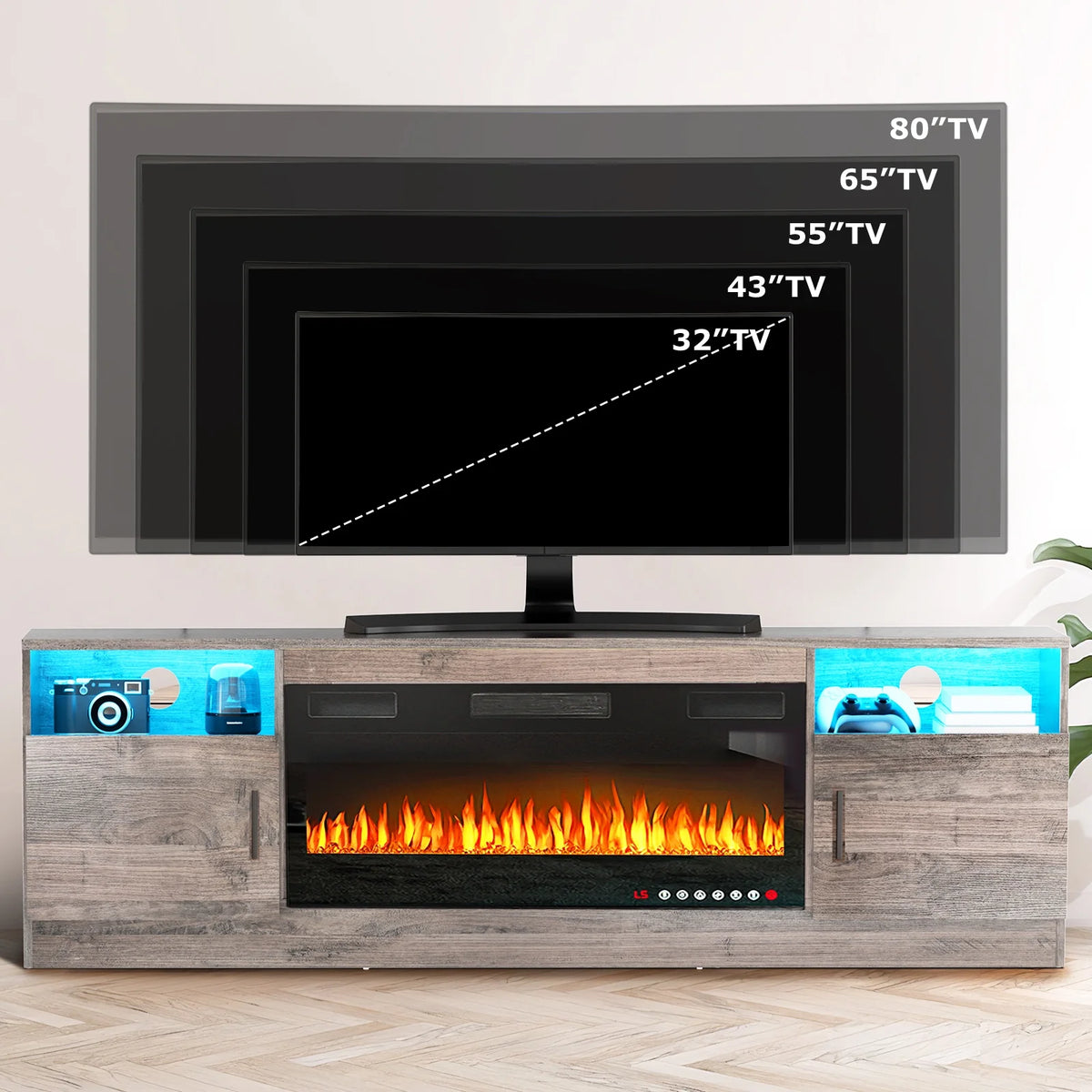 Waleaf Fireplace tv Stand with 36 inch Fireplace Up to 80" TVs,LED Light Entertainment Center and Storage