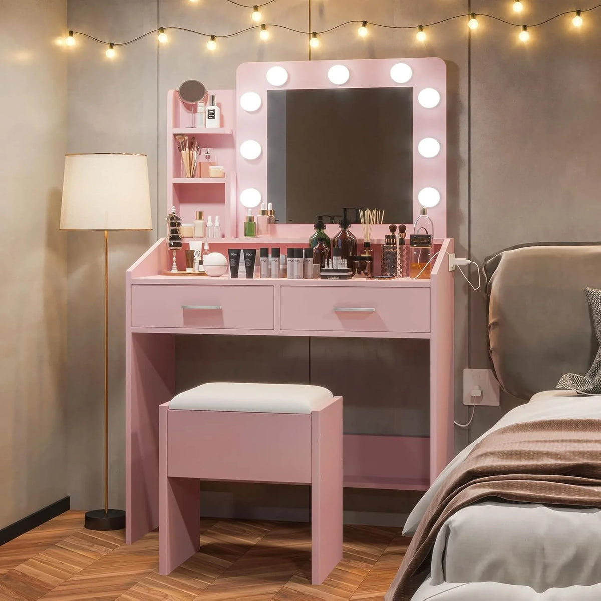 OYang Makeup Vanity with Lights, Vanity Desk with Mirror and Lights Set, Large Drawer and Two-Tier Lots Storage Cabinet, 3 Lighting Modes Adjustable Brightness