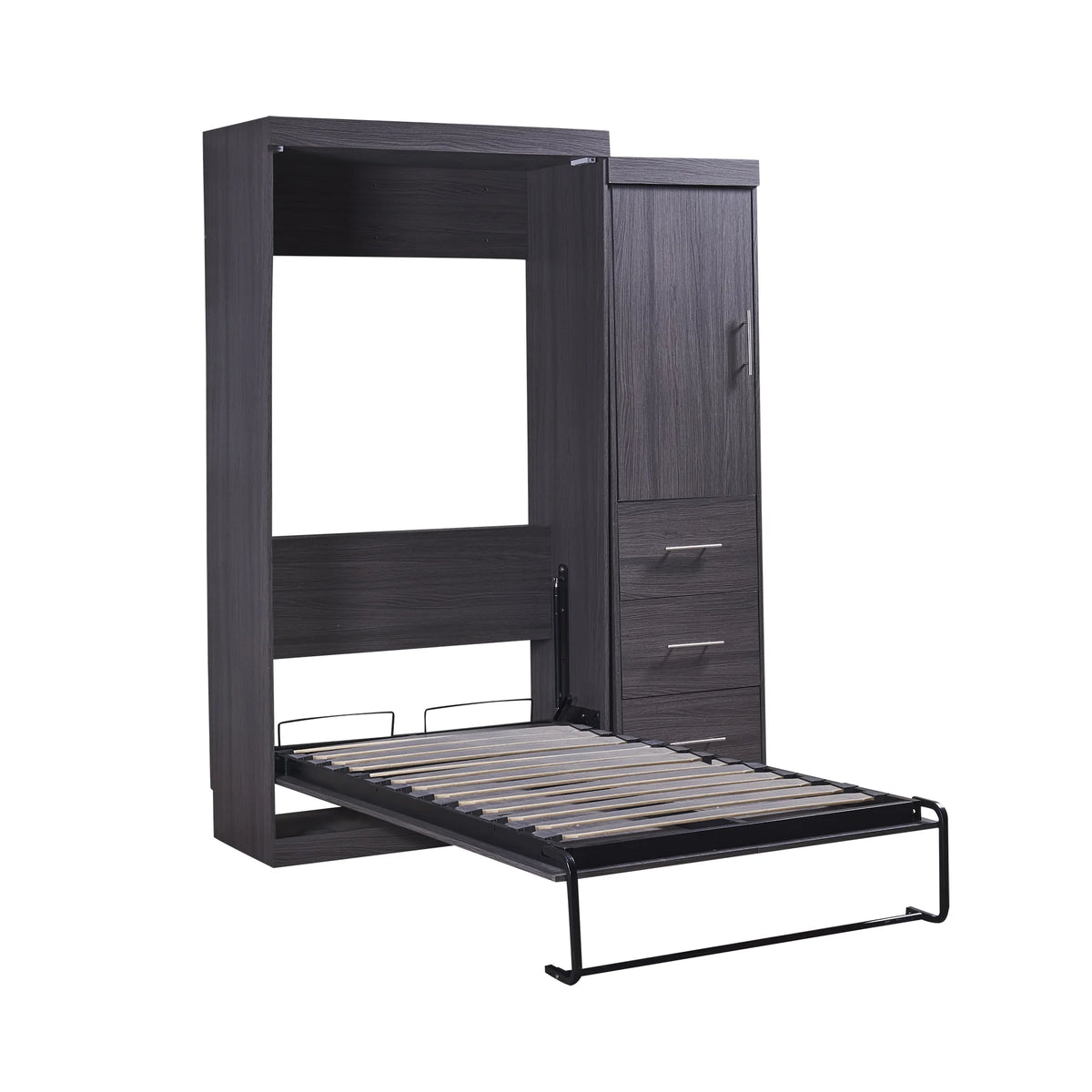 Euroco Wood Full Size Murphy Wall Bed with Wardrobe and Drawers for Living Room, Moveable Wardrobe and Drawers, Space-Saving & Easy Open and Close for Kids Teens Adults, Gray
