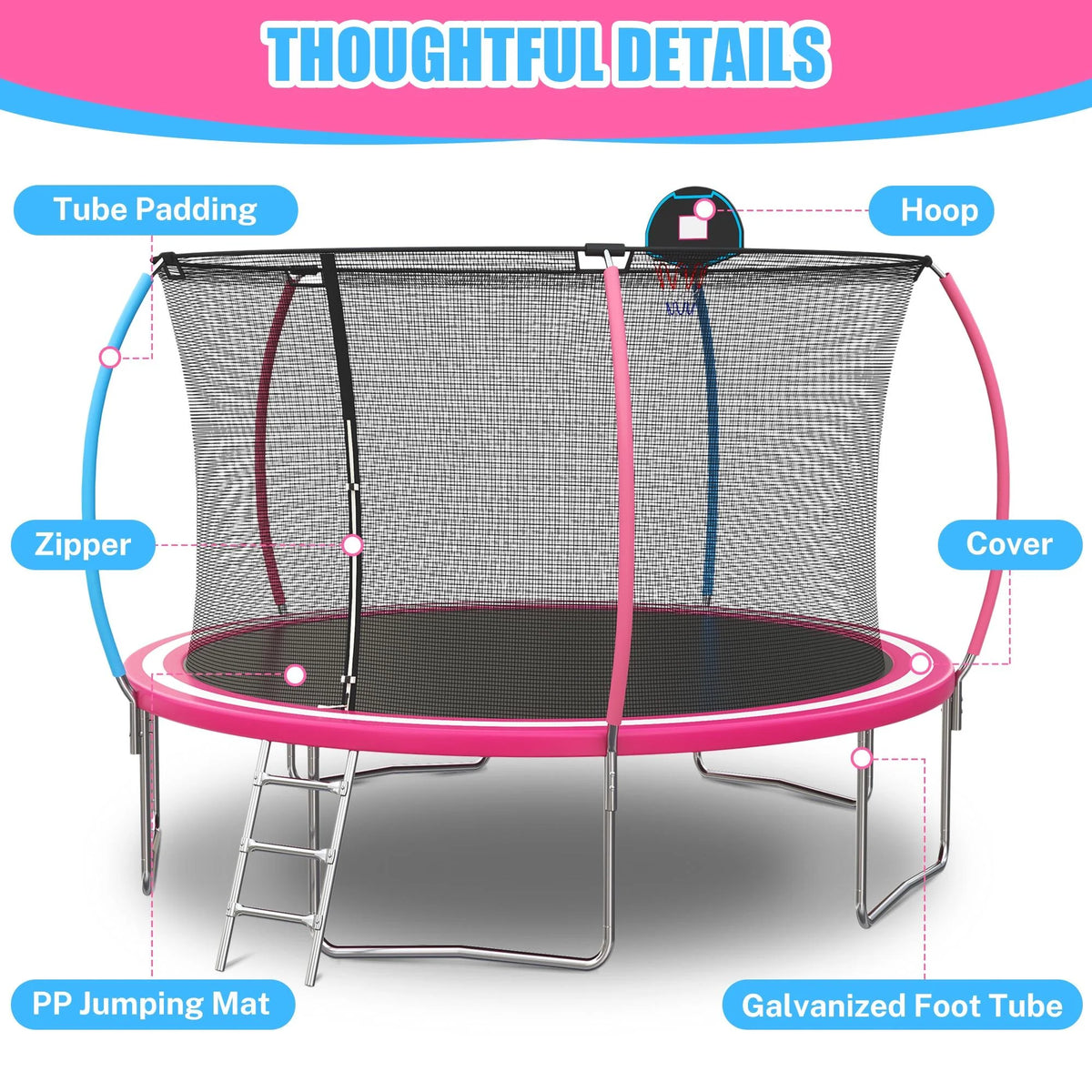 Trampoline Outdoor, 14FT Kids Trampoline with Enclosure Net and Ladder, Upgrade All-Weather Round Trampoline Curved Design with 5 Heavy-Duty Steel Legs
