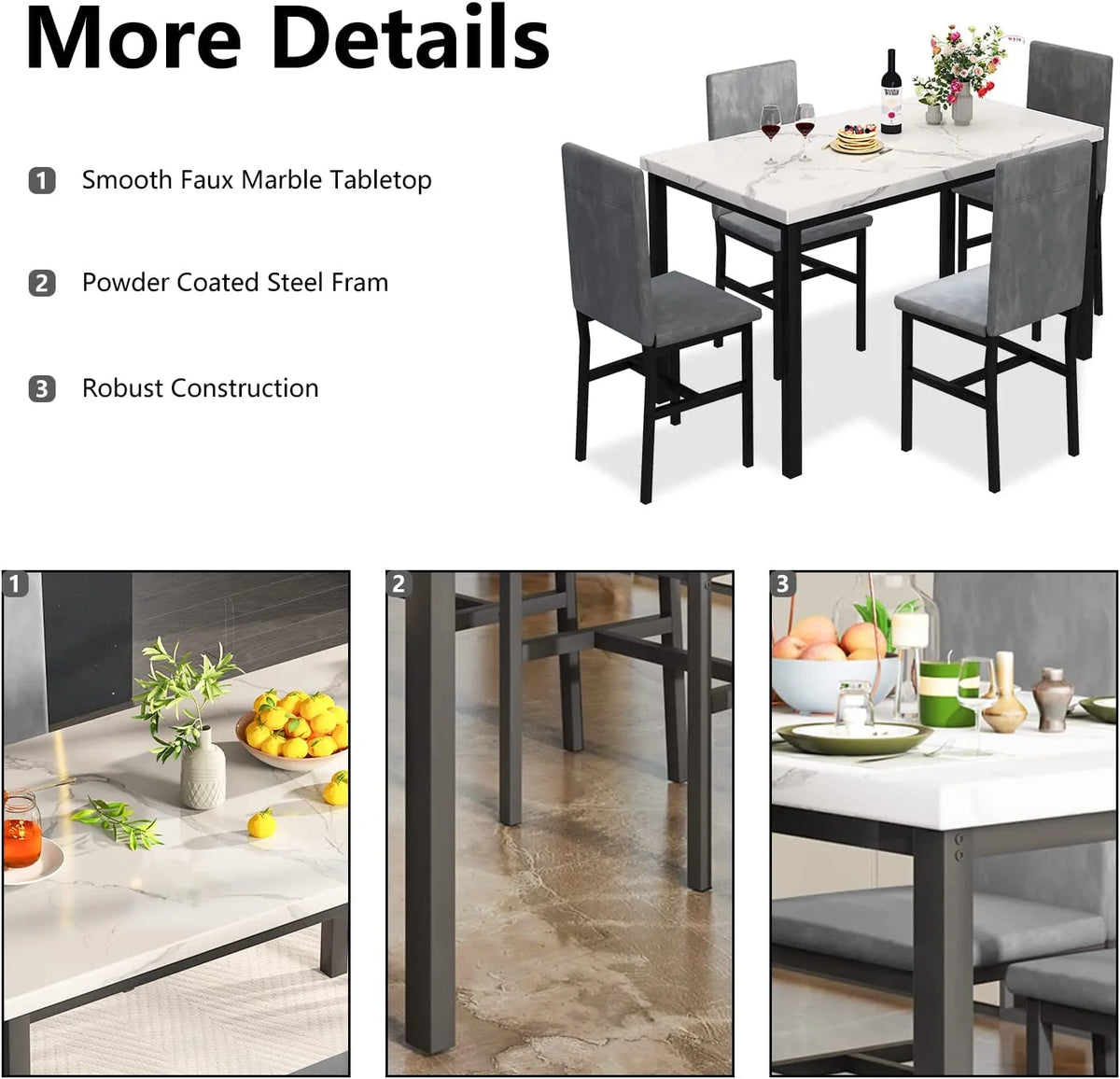 5 Piece Dining Set, Modern Dining Table and Chairs Set for 4, Counter Height Bar Table Set, Modern Pub Table with 4 Velvet Fabric Cushioned Stools, Faux Marble Dining Table & Stools Set, D9297