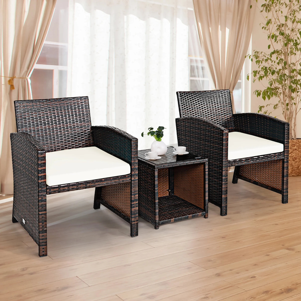 Costway 3PCS Patio Rattan Wicker Furniture Cushion Sofa Coffee Table Gray