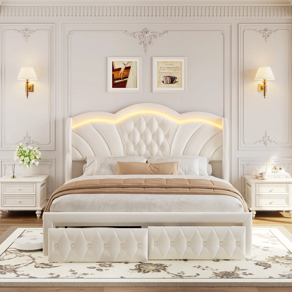 Hiphuta Modern Queen Bed Frame with 2 Drawers, LED Lights Platform Bed Frame, Sturdy Beds Frame with Upholstered Button Tufted Headboard, Velvet White