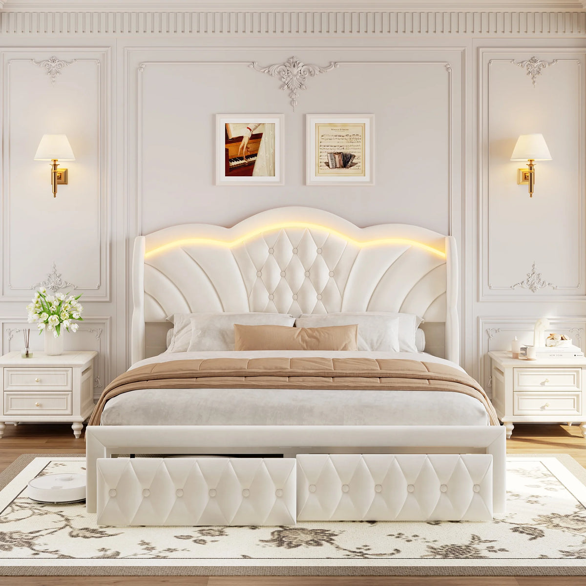 Hiphuta Modern Queen Bed Frame with 2 Drawers, LED Lights Platform Bed Frame, Sturdy Beds Frame with Upholstered Button Tufted Headboard, Velvet White