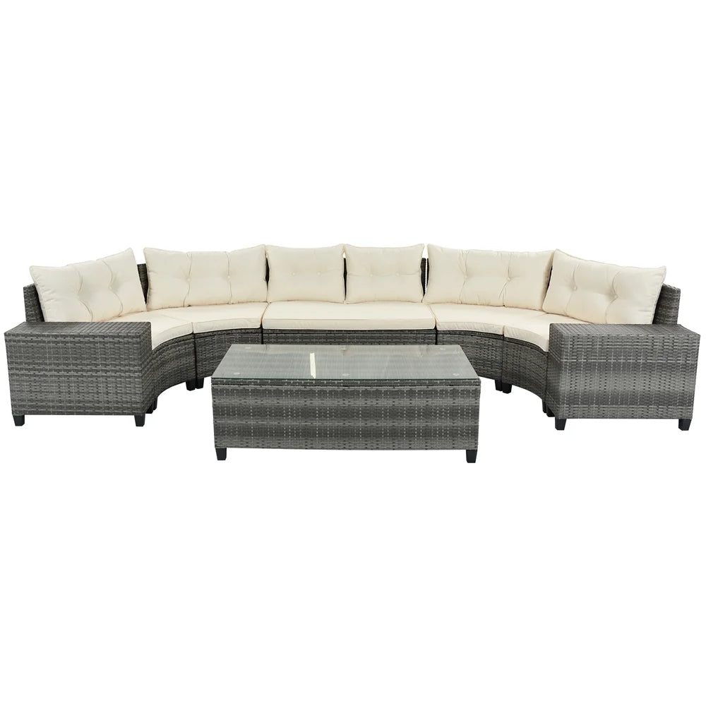 8 Pieces Outdoor Wicker Round Furniture Set, All Weather Half-Moon Sectional Patio Sofa Sets with Rectangular Coffee Table, Beige