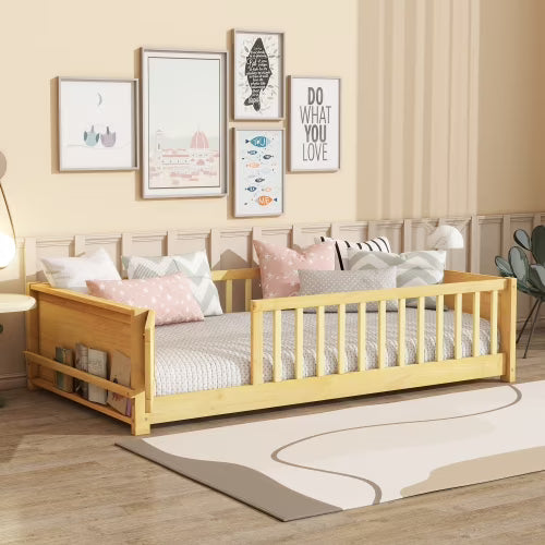 Bellemave Twin Size Floor Bed with Fence, Montessori Floor Twin Bed with Built-in Book Rack, Solid Wood Twin Bed with Slats and Safety Guardrails, Natural