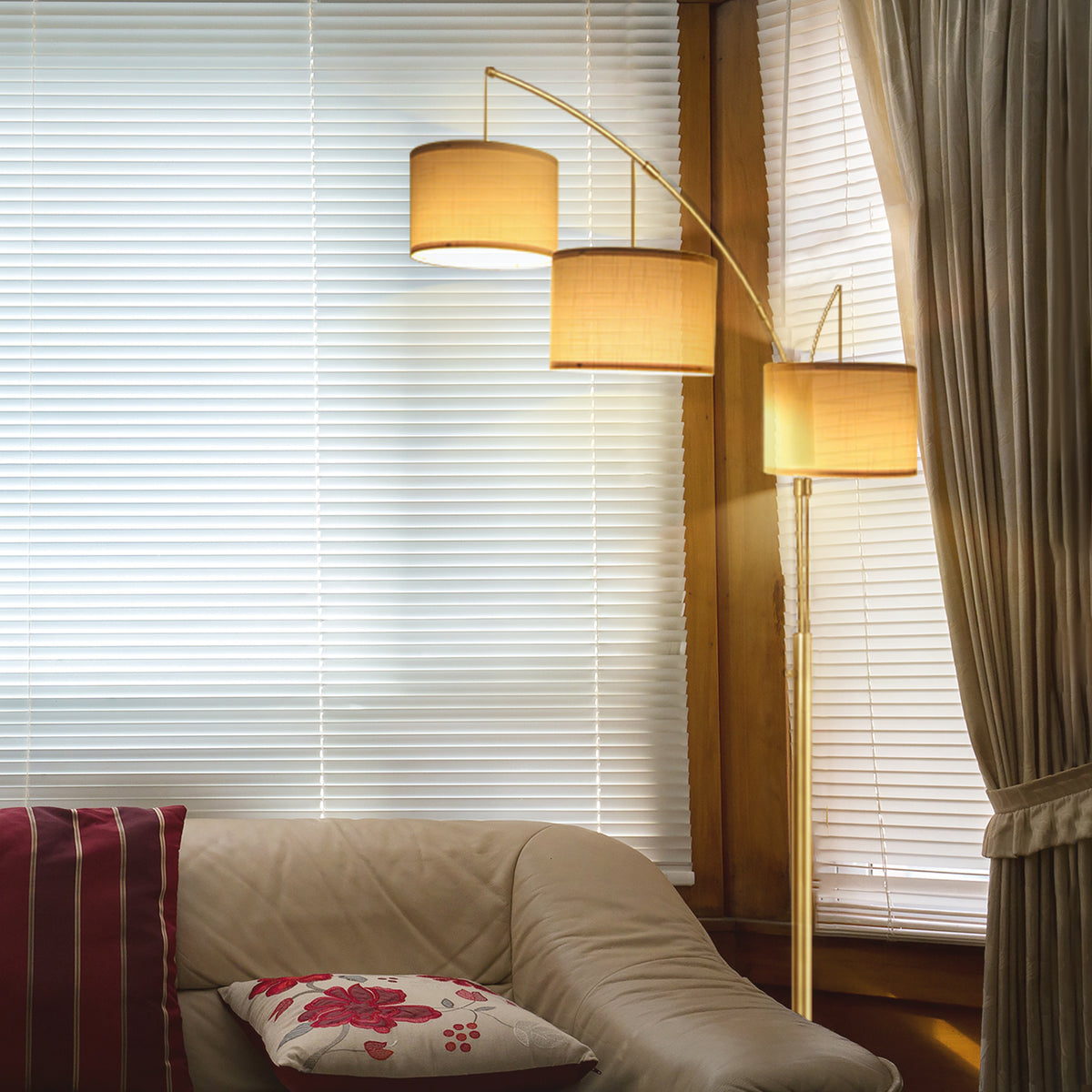 Netin 80 3-Light Modern Dimmable Black Arc Floor Lamp with Beige Shades