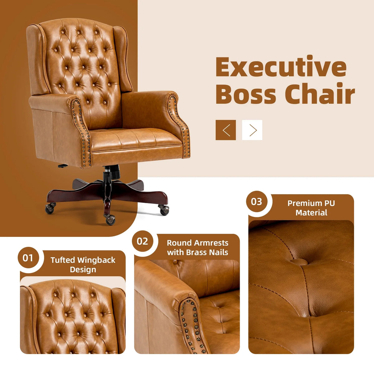 Homhum Classic Boss Office Chair, High Back Faux Leather Swivel Desk Chair, Adult, Brown