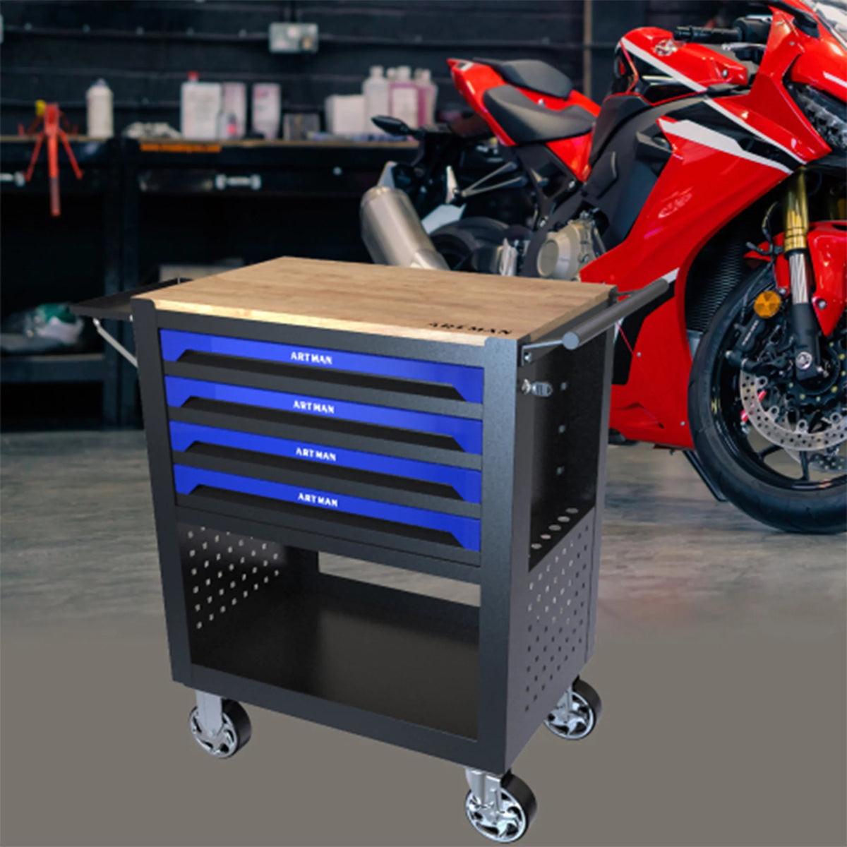 ARTMAN 4-Drawer Tool Cart with Wheels and Drawers ,Wood Top Tool Box Cart for Workshop Warehouse Garage