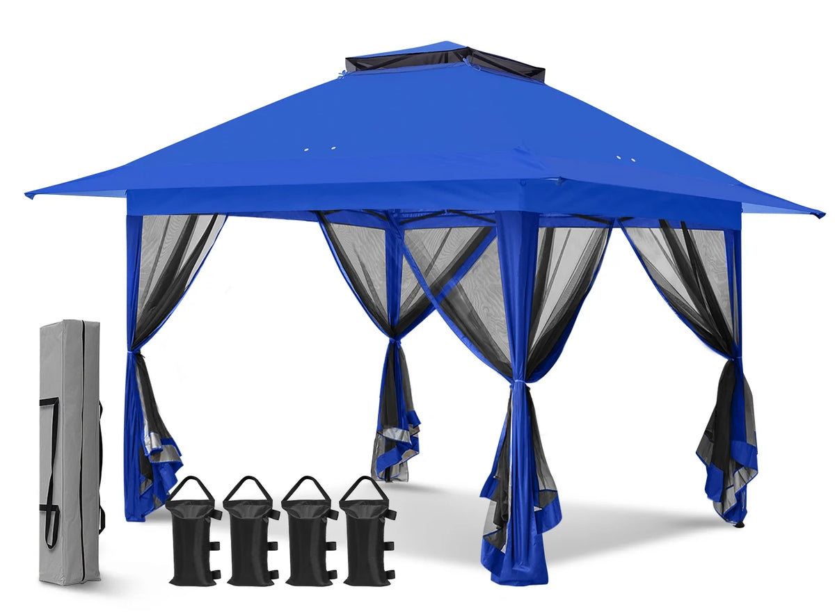 EAGLE PEAK 13' x 13' Pop-Up Gazebo Tent Instant w/Mosquito Netting，Outdoor Gazebo Canopy Easy Set-up Folding Shelter (Beige/Brown)