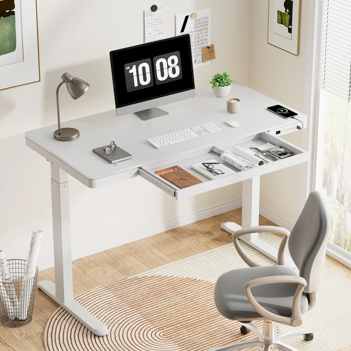 FLEXISPOT 48" W Home Office Height Adjustable Standing Desk White and Maple with USB Charge Ports and Embedded Drawer