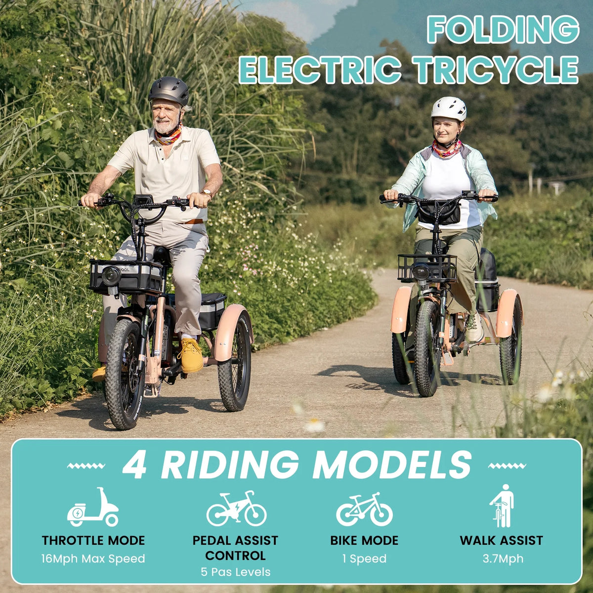 MOONCOOL TK1 Folding Electric Tricycle for Adults,48V 14.5Ah Removable battery, 500W Peak 1000w Motor, 20" Fat Tire Step-Thru 3Wheel Electric Bicycle w/Front&Rear Baskets, Certified to UL 2849 by SGS