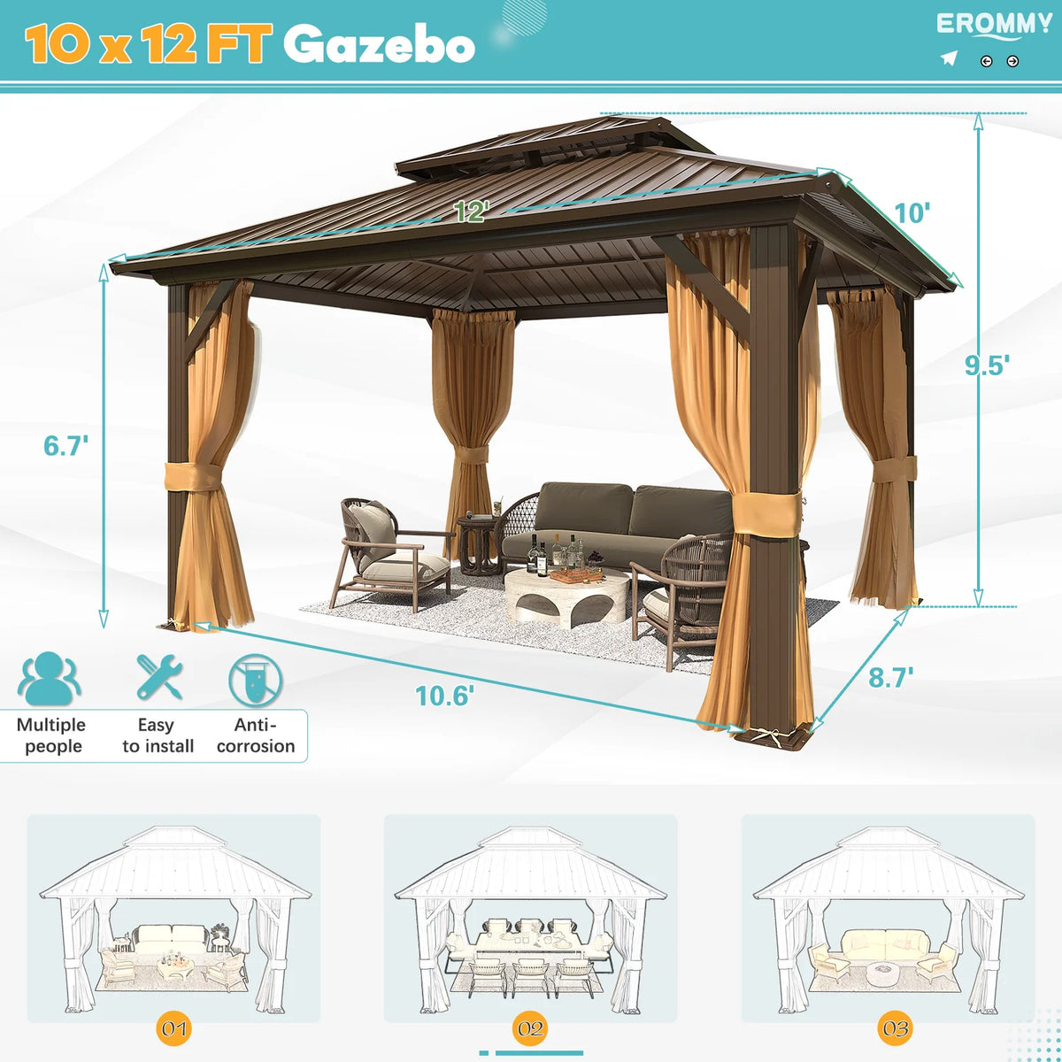 EROMMY 10'x12' Hardtop Gazebo with Galvanized Steel Double Roof & Aluminum Frame
