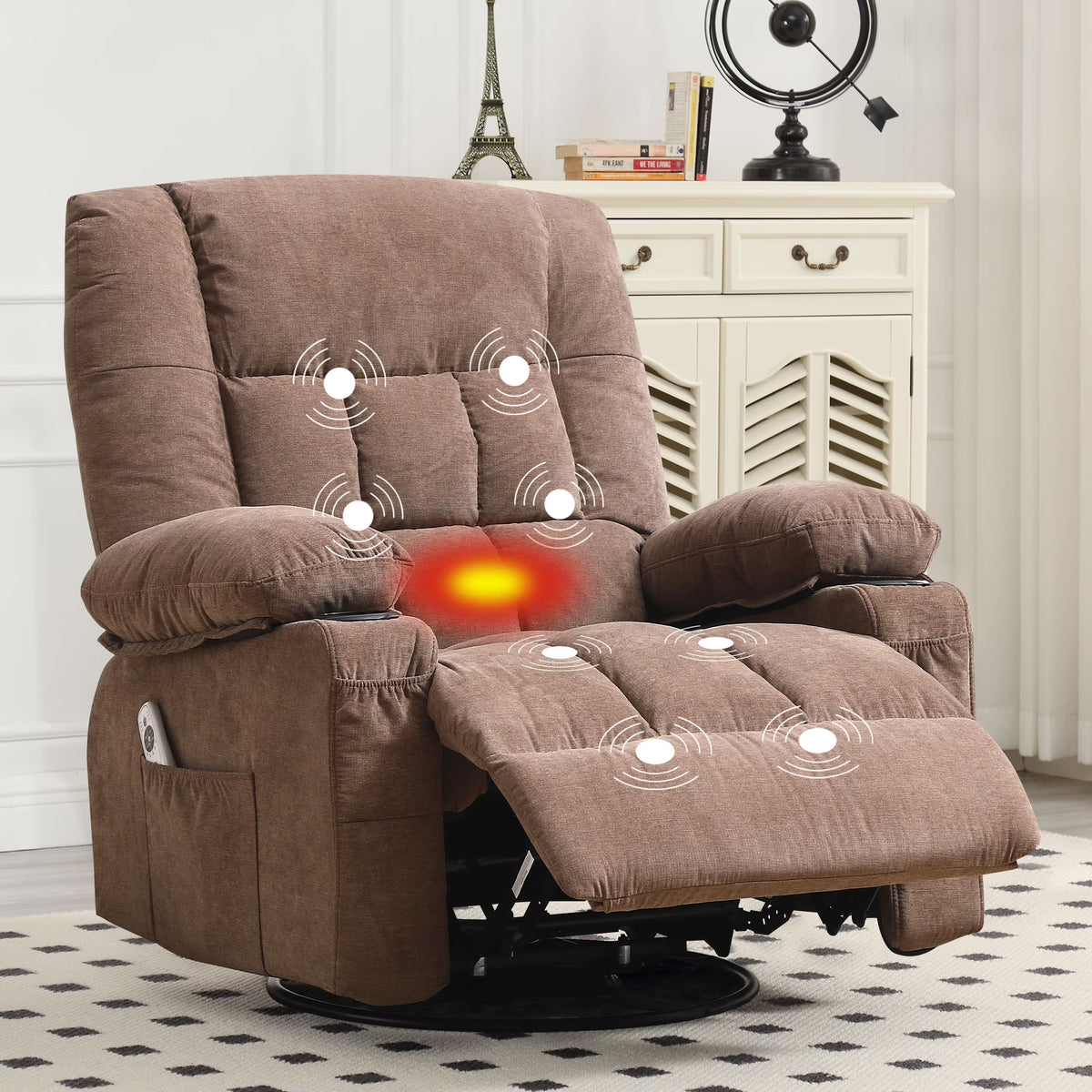 JONPONY Massage Swivel Rocker Recliner Chair with Vibration Massage and Heat Ergonomic Lounge Chair for Living Room with Rocking Function and Side Pocket, 2 Cup Holders, USB Charge Port,Grey
