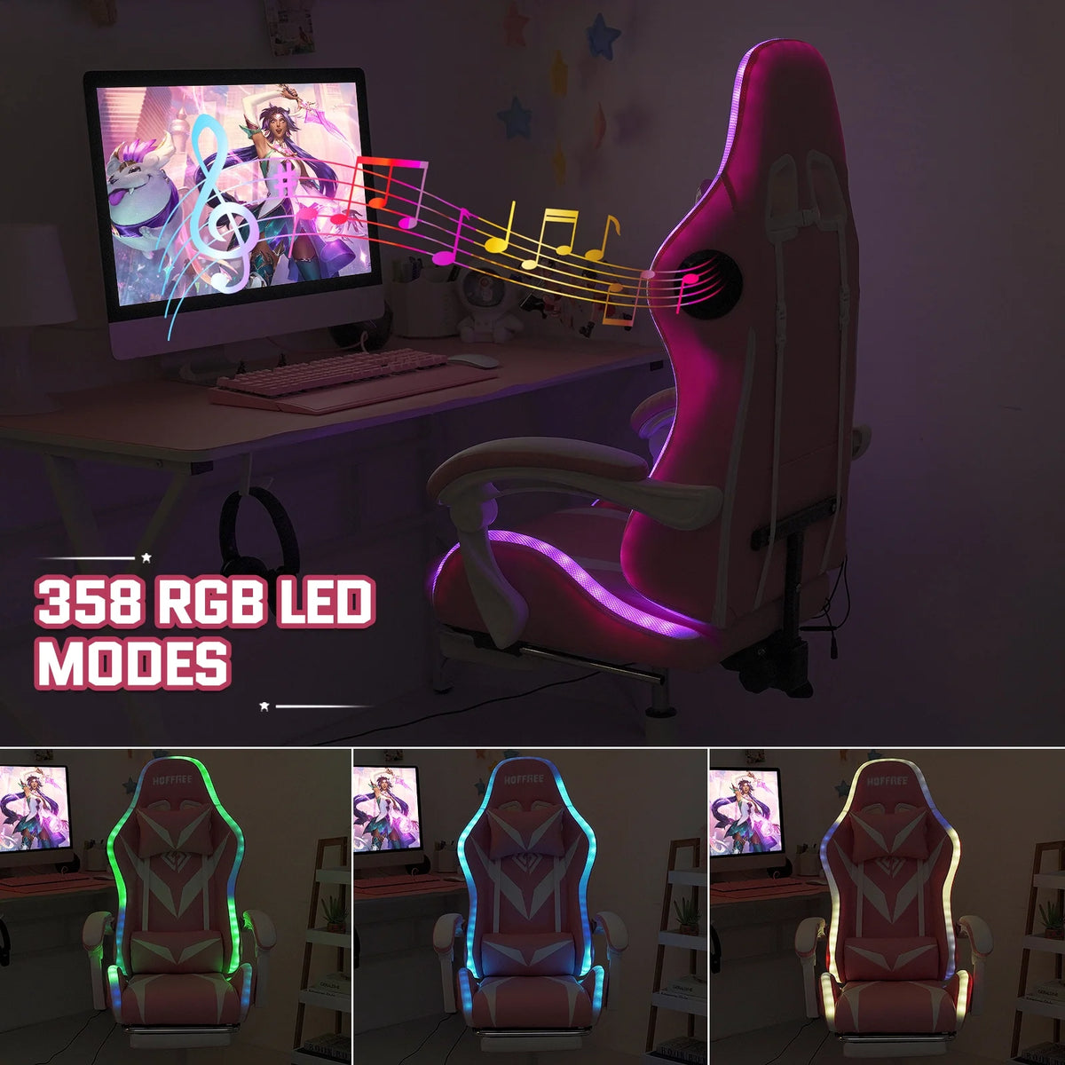 Hoffree Gaming Chair with Speakers PU Leather Office Chair with Footrest and LED Lights Ergonomic Gamer Chair with Massage Lumbar Support and Headrest Adjustable Swivel for Home Office 300lb