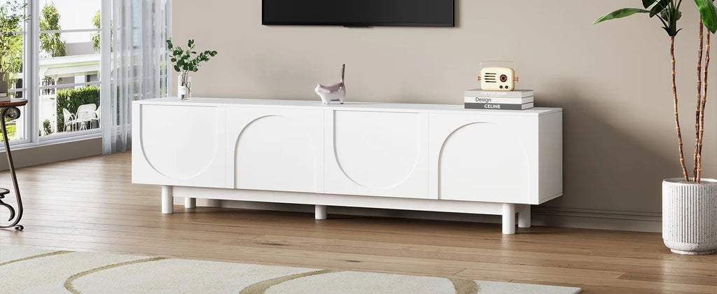 71" Graceful TV Stand with Arch Cabinets Minimalist Media Console for 78" TVs, White Entertainment Center with Solid Wood Legs & Adjustable Shelves