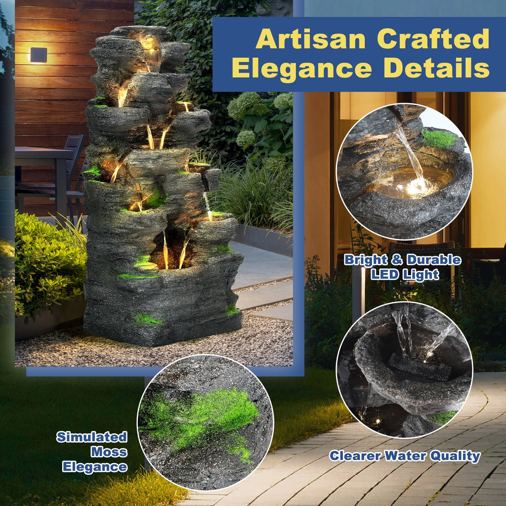 Haverchair 7 Tier Cascading Rock Outdoor Water Fountain, Garden Freestanding Rockery Natural Waterfall Fountains Outdoor with LED Light, Soothing Tranquility Fountains for Home Garden Yard, 24"H