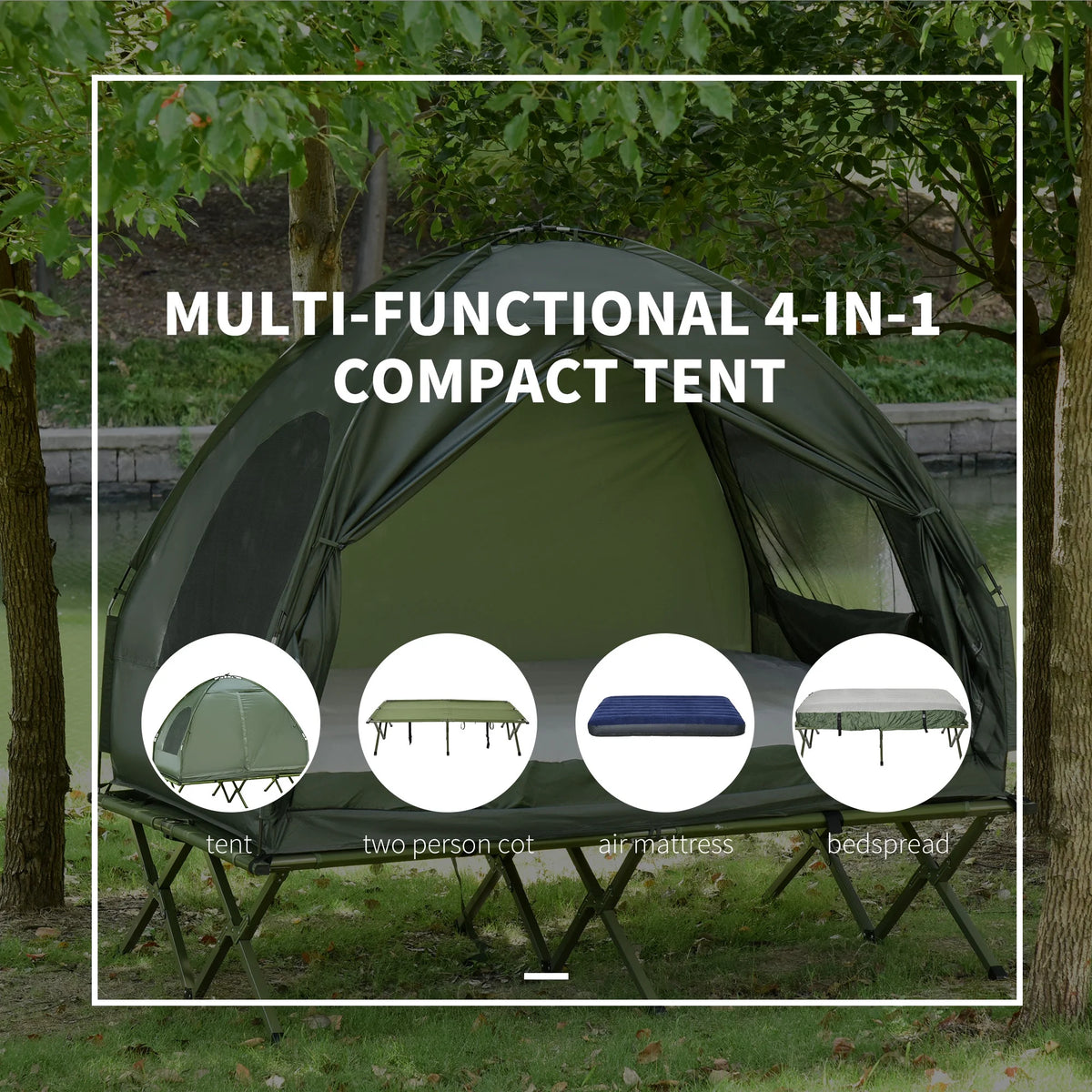 2 Person Foldable Camping Cot with Tent, Bedspread and Thick Air Mattress, 4-In-1 Elevated Camping Bed Tent for Outdoor Hiking, Picnic, Travel