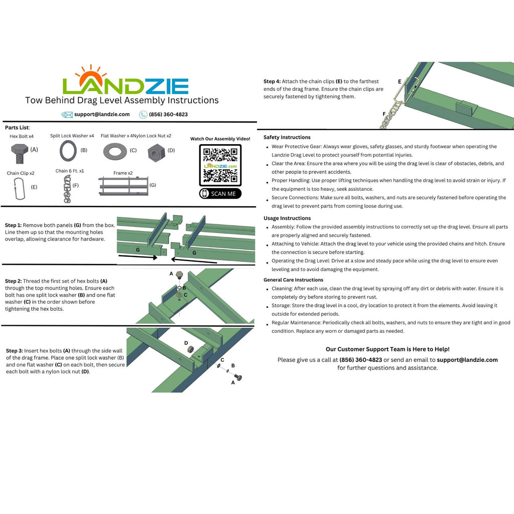 LANDZIE Drag Harrow Driveway Grader Landscape Power Rake for ATV, UTV, Tractor, Mower - 4 ft Reinforced Steel (Two 2 ft Sections) - Tow Behind Yard Lawn Leveling Tool with 4 ft Heavy Duty Chain
