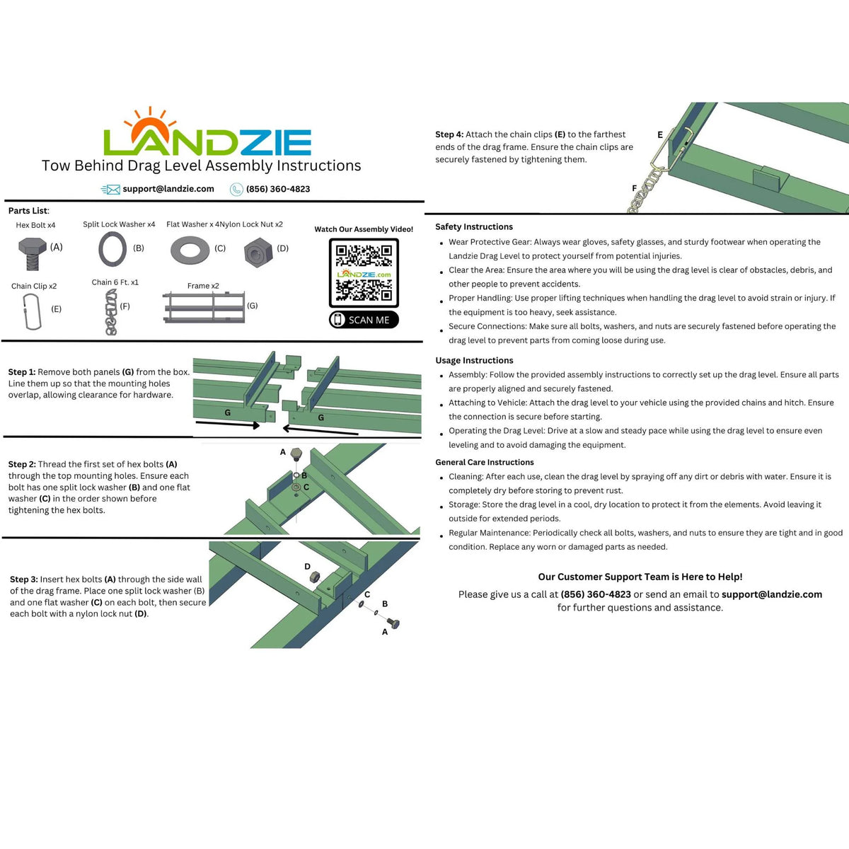 LANDZIE Drag Harrow Driveway Grader Landscape Power Rake for ATV, UTV, Tractor, Mower - 4 ft Reinforced Steel (Two 2 ft Sections) - Tow Behind Yard Lawn Leveling Tool with 4 ft Heavy Duty Chain