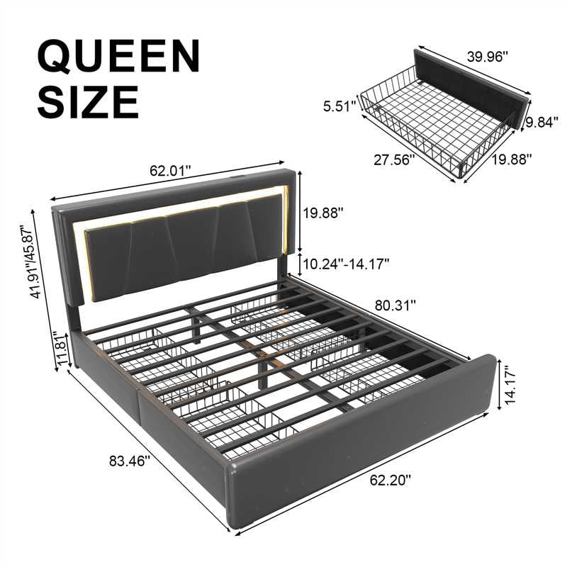 Full Size Upholstered LED Bed Frame with 4 Storage Drawers, Faux Leather Platform Bed with Adjustable Headboard, White