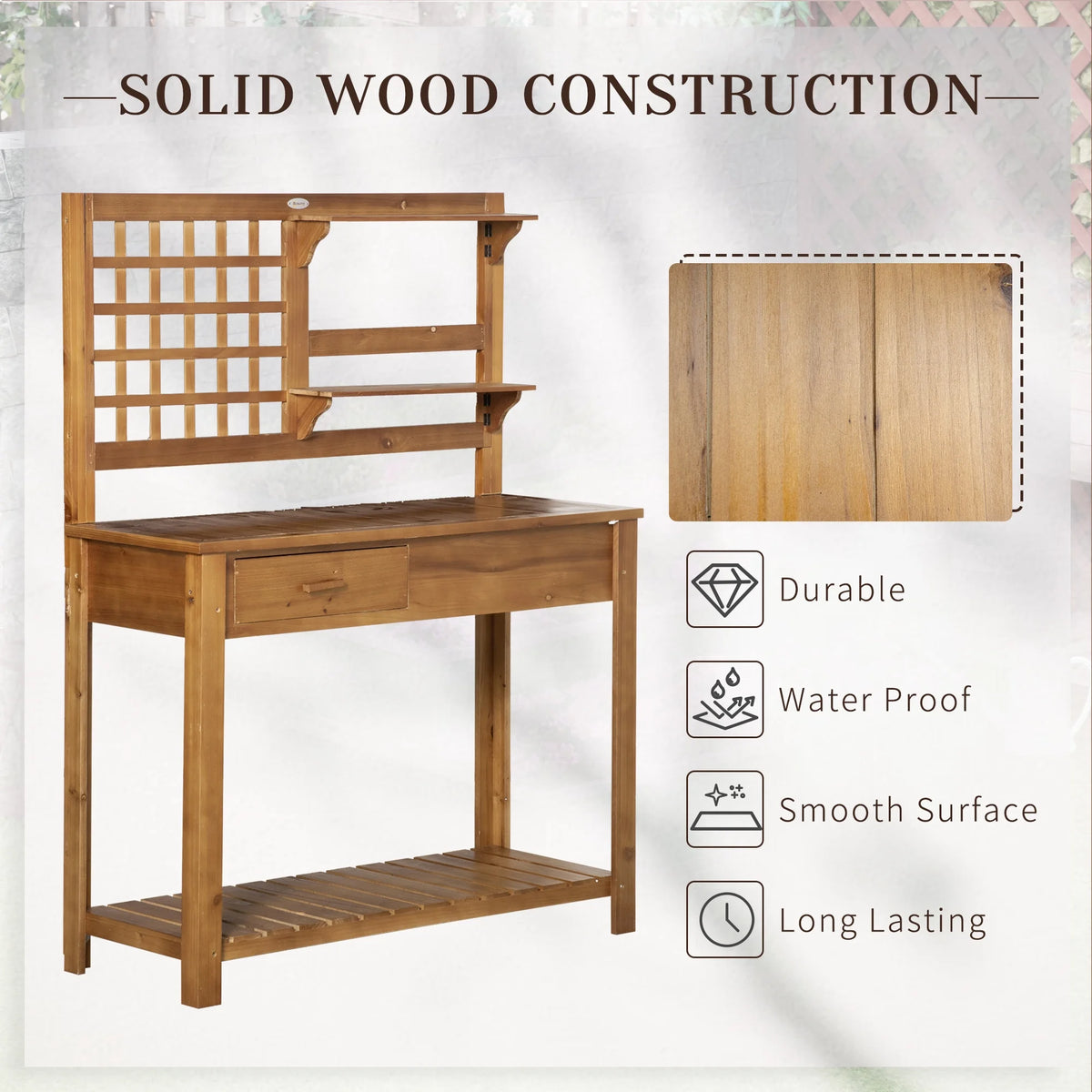 Outsunny Potting Bench Table, Garden Work Bench, Outdoor Wooden Workstation with Tiers of Shelves and Drawer for Patio, Courtyards, Balcony, Grey