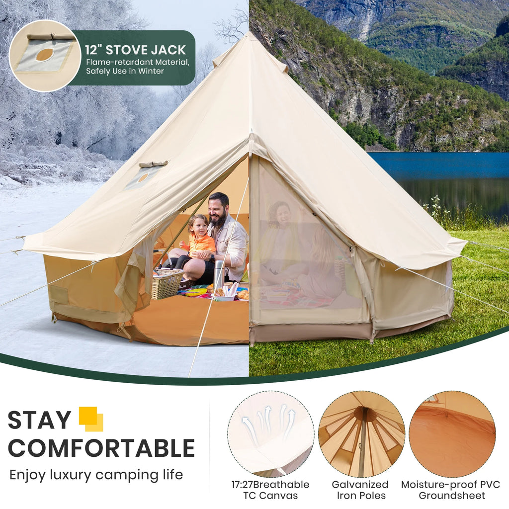 Canvas Bell Yurt Tent, 4-Seasons Shelter with Stove Jack & Waterproof, Luxury Camping Tent for Family Outdoor Adventures, 6-8 Person Use