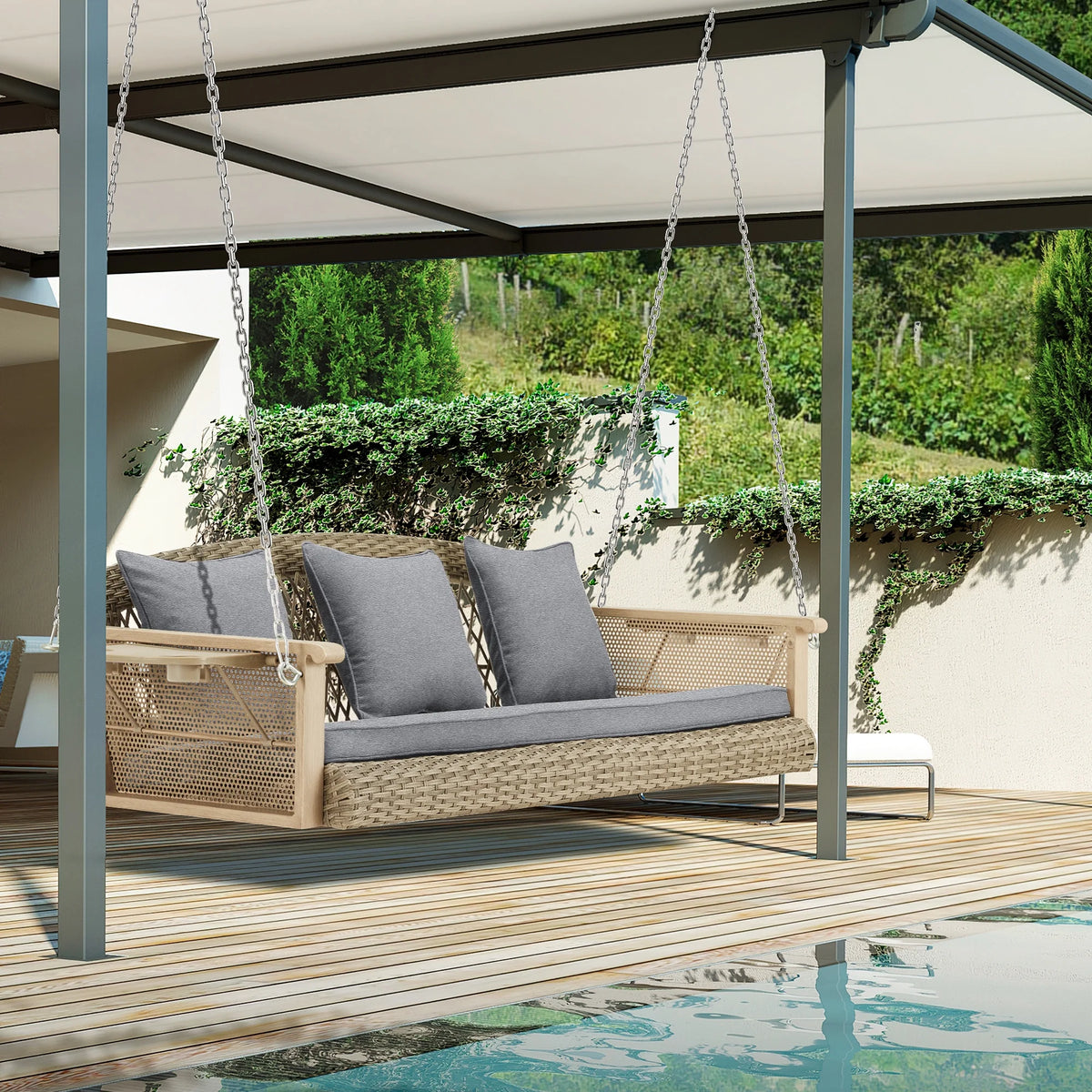 Homrest 3-Person Porch Swing 55in Wicker Hanging Swing Bench with Cushions and Cupholders for Deck, Garden and Backyard, Beige
